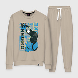 Костюм хлопковый женский Футболка с изображением черепа кошки, цвет: миндальный