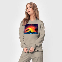 Костюм хлопковый женский Пляж и пальмы абстрактный ретро дизайн, цвет: миндальный — фото 2