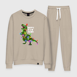 Костюм хлопковый женский Новогодний динозавр елочка гори, цвет: миндальный