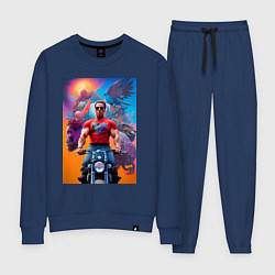 Костюм хлопковый женский Арнольд Шварценеггер на мотоцикле - нейросеть, цвет: тёмно-синий