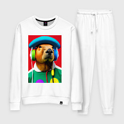 Костюм хлопковый женский Капибара в наушниках и шляпе - нейросеть, цвет: белый