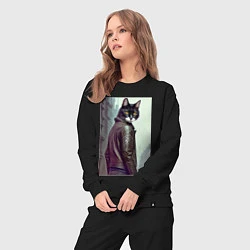 Костюм хлопковый женский Модный котяра - Лондон - нейросеть, цвет: черный — фото 2