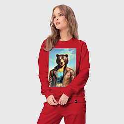 Костюм хлопковый женский Cool bear in a leather jacket - neural network, цвет: красный — фото 2