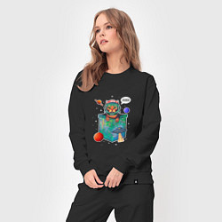 Костюм хлопковый женский Кот космонавт в кармане, цвет: черный — фото 2