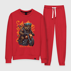 Костюм хлопковый женский Медведь байкер на мотоцикле, цвет: красный