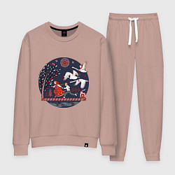 Костюм хлопковый женский Сказка Гуси - лебеди в стиле мезенской росписи, цвет: пыльно-розовый