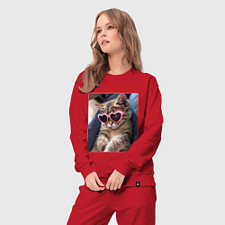 Костюм хлопковый женский Милый мем-кот в очках в стиле аниме, цвет: красный — фото 2