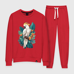 Костюм хлопковый женский Попугай какаду и тропические листья, цвет: красный