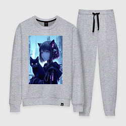 Костюм хлопковый женский Девчонка кошка с котёнком - нейросеть, цвет: меланж