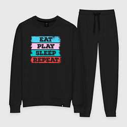 Костюм хлопковый женский Eat play sleep repeat, цвет: черный