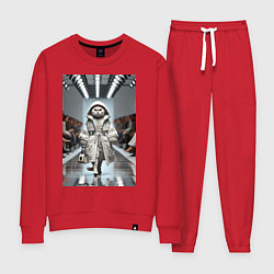 Костюм хлопковый женский Кошка модель на подиуме в белом плаще дефиле живот, цвет: красный