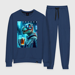 Костюм хлопковый женский Крутой чувак Дино с кружкой пива - нейроарт, цвет: тёмно-синий