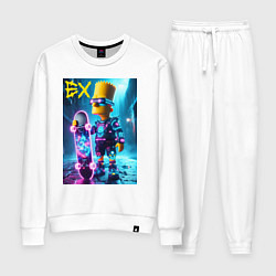 Костюм хлопковый женский Скейтбордист Барт Симпсон в ночном городе под дожд, цвет: белый