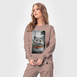 Костюм хлопковый женский Мемный кот в японском стиле, цвет: пыльно-розовый — фото 2