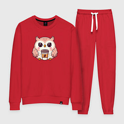 Костюм хлопковый женский Сова со стаканом кофе, цвет: красный