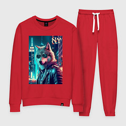 Костюм хлопковый женский Крутой волчара в ночном Нью-Йорке - нейроарт, цвет: красный