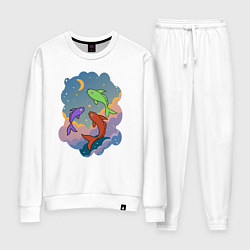 Костюм хлопковый женский Рыбы, летающие в небе, цвет: белый