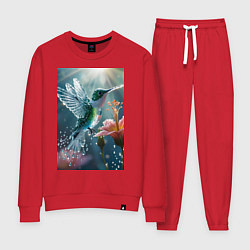 Костюм хлопковый женский Колибри летает у цветка, цвет: красный