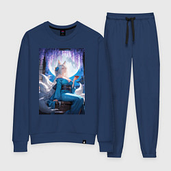 Костюм хлопковый женский Лисица в кимоно любуется цветением глицинии, цвет: тёмно-синий