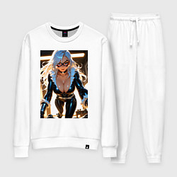 Костюм хлопковый женский Черная кошка в комнате, цвет: белый