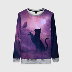 Свитшот женский Кошка играет с бабочкой, цвет: 3D-меланж