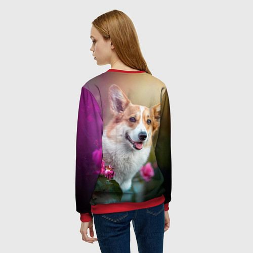 Женский свитшот Корги в розовом кусте / 3D-Красный – фото 4