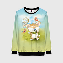 Свитшот женский Корги и бабочка, цвет: 3D-черный