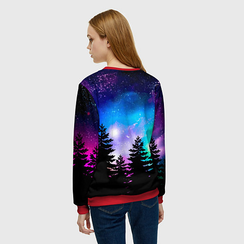 Женский свитшот Космический лес, елки и звезды / 3D-Красный – фото 4