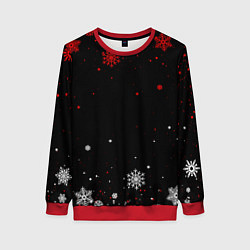 Свитшот женский КРАСНО БЕЛЫЕ СНЕЖИНКИ НА ЧЁРНОМ ФОНЕ, цвет: 3D-красный