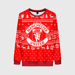 Свитшот женский FC Manchester United: Новогодний узор, цвет: 3D-красный