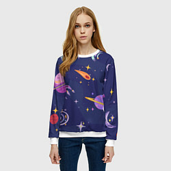 Свитшот женский Космический дизайн с планетами, звёздами и ракетам, цвет: 3D-белый — фото 2