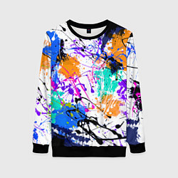 Свитшот женский Брызги и мазки разноцветных красок на белом фоне, цвет: 3D-черный