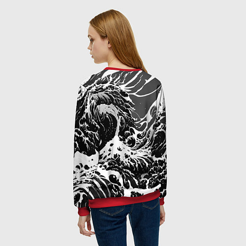Женский свитшот Черно-белые волны / 3D-Красный – фото 4