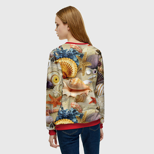 Женский свитшот Морские раковины, кораллы, морские звёзды на песке / 3D-Красный – фото 4