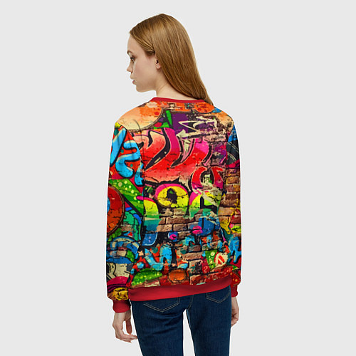 Женский свитшот Крутой Барт Симпсон на фоне стены с граффити / 3D-Красный – фото 4