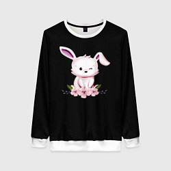 Свитшот женский Крольчонок С Цветами На Чёрном Фоне, цвет: 3D-белый