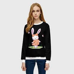 Свитшот женский Крольчонок С Бантиком На Чёрном Фоне, цвет: 3D-белый — фото 2