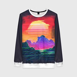 Свитшот женский Синтвейв неоновые горы на закате, цвет: 3D-белый