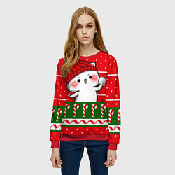 Свитшот женский Белый котик - игра в снежки, цвет: 3D-красный — фото 2