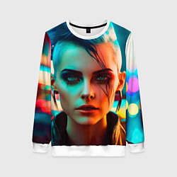 Свитшот женский Нейросеть - девушка в стиле киберпанк, цвет: 3D-белый