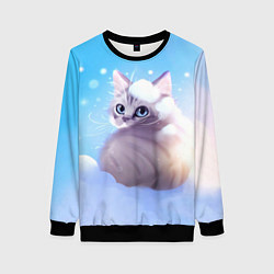 Свитшот женский Заснеженный котик, цвет: 3D-черный