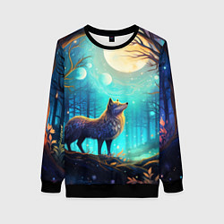 Женский свитшот Волк в ночном лесу в folk art стиле