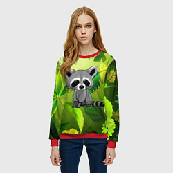 Свитшот женский Енот на фоне зеленой листвы, цвет: 3D-красный — фото 2