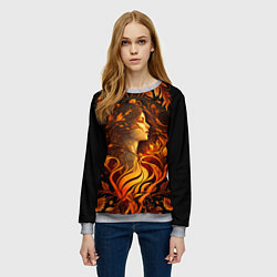 Свитшот женский Девушка в стиле ар-нуво с огнем и осенними листьям, цвет: 3D-меланж — фото 2