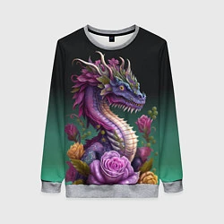 Свитшот женский Неоновый дракон с цветами, цвет: 3D-меланж