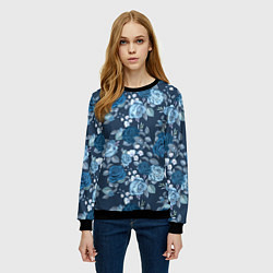 Свитшот женский Голубые розы паттерн, цвет: 3D-черный — фото 2