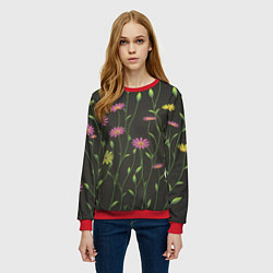 Свитшот женский Полевые цветочки на темном фоне, цвет: 3D-красный — фото 2