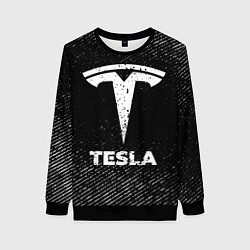 Свитшот женский Tesla с потертостями на темном фоне, цвет: 3D-черный