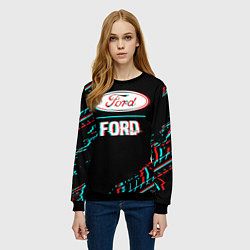 Свитшот женский Значок Ford в стиле glitch на темном фоне, цвет: 3D-черный — фото 2