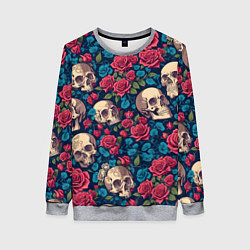 Свитшот женский Черепа и красные розы, цвет: 3D-меланж